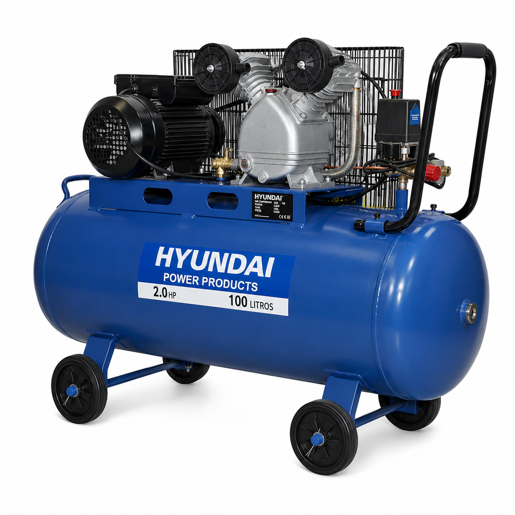 Compresor Hyundai Monofásico 2HP 100L 115psi Correa